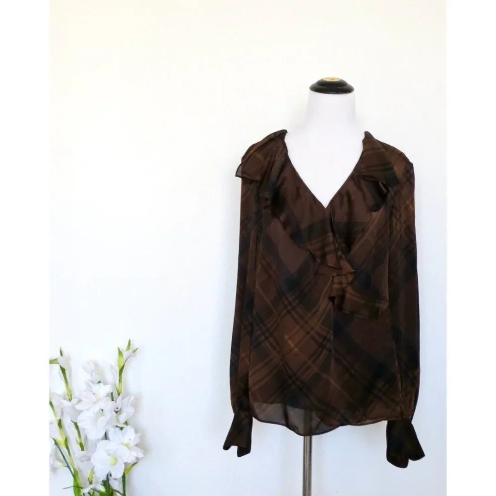 NEW! Lauren Ralph Lauren 100% Silk Wrap Blouse Plaid V-neck Ruffles Brown SZ 10